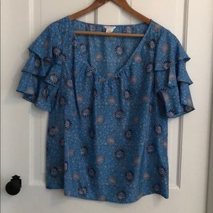 Club Monaco silk print v-neck ruffle sleeve blouse